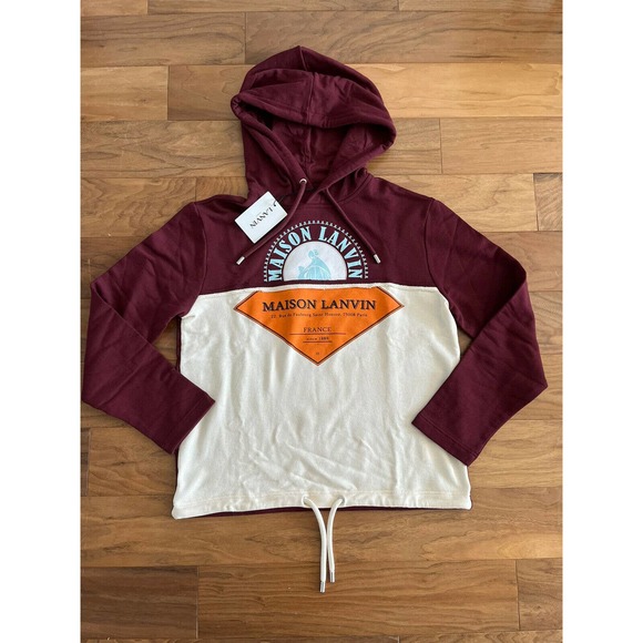 NWT LANVIN Paris Cotton Hoodie Men Maison Logo Print sweatshirt Large Garnet Red - Picture 2 of 9
